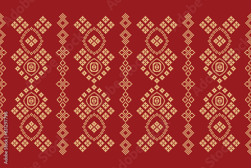 Ethnic geometric fabric pattern Cross Stitch.Ikat embroidery Ethnic oriental Pixel pattern red background. Abstract,vector,illustration. Texture,clothing,frame,decoration,motifs,silk wallpaper.
