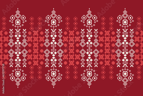 Ethnic geometric fabric pattern Cross Stitch.Ikat embroidery Ethnic oriental Pixel pattern red background. Abstract,vector,illustration. Texture,clothing,frame,decoration,motifs,silk wallpaper.