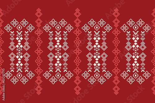 Ethnic geometric fabric pattern Cross Stitch.Ikat embroidery Ethnic oriental Pixel pattern red background. Abstract,vector,illustration. Texture,clothing,frame,decoration,motifs,silk wallpaper.