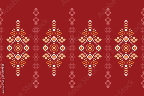 Ethnic geometric fabric pattern Cross Stitch.Ikat embroidery Ethnic oriental Pixel pattern red background. Abstract,vector,illustration. Texture,clothing,frame,decoration,motifs,silk wallpaper.