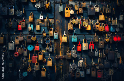 numerous locks of different keys on top of a wooden table photo