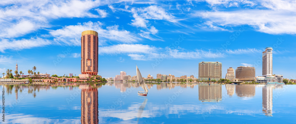 Nile river full panorama, view on the most famous district of Cairo, Egypt