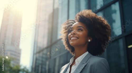 Happy wealthy rich successful businesswoman standing in big city modern skyscrapers street on sunny thinking of successful future vision, dreaming of new investment opportunities.