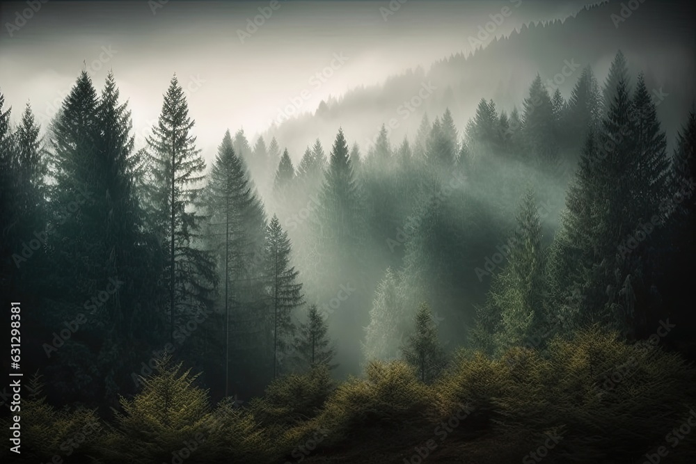 Cloudy landscape: fir forest in retro style., generative IA - obrazy, fototapety, plakaty 