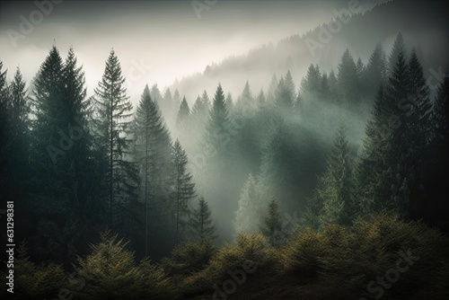 Cloudy landscape: fir forest in retro style., generative IA © Gabriel