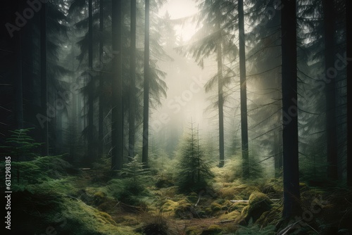Cloudy landscape  fir forest in retro style.  generative IA