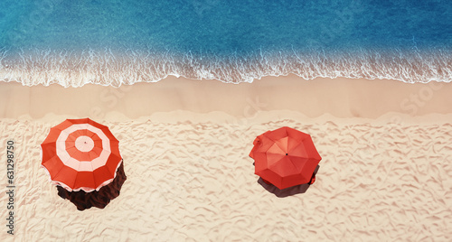 immagine con ombrelloni da spiaggia rossi e rosa, spiaggia tropicale mare azzurro, vista da sopra
 photo