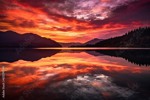 Sunrise reflecting on the serene lake., generative IA
