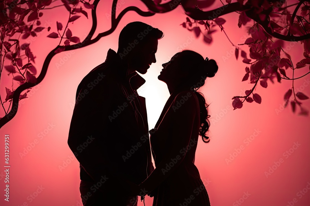 Passion on Valentine's Day: silhouette of couple with hearts on pink background., generative IA