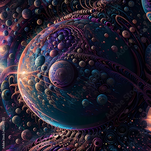 Space scene with planets in foreground. Psychedelic environment. Generative AI
