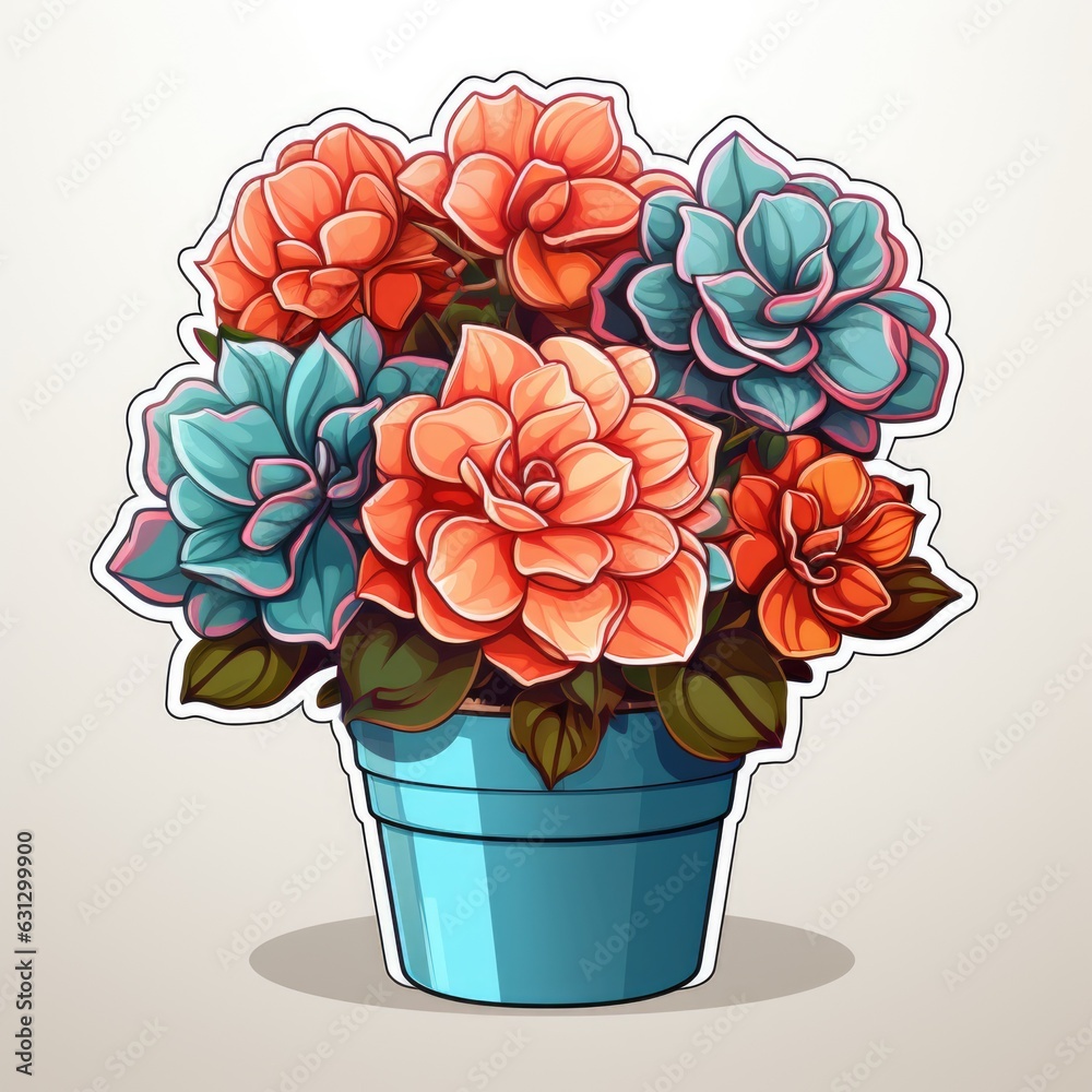 A flower pot with flowers in it on a white background. Digital image.