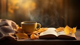 Abstract autumn background featuring yellow leaves, a book, and a coffee cup. Generative AI