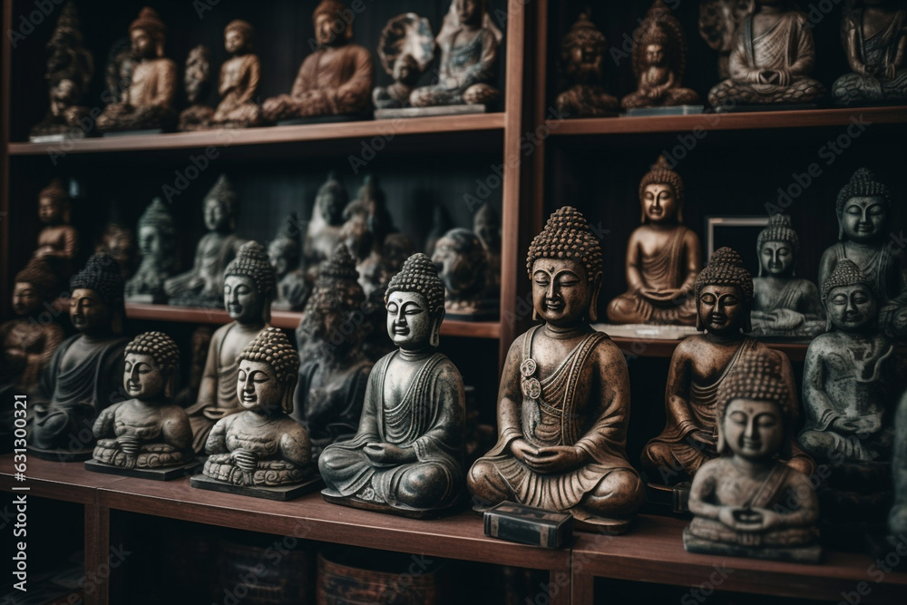 Many Buddha statues on the local market close-up. Buddha as a symbol of Buddhism in Thailand and Asia. Portrait of a buddha in statue format on the local market. Religion and spirit. Generative AI