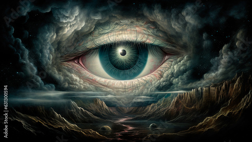 abstract fantasy illustration with a huge all-seeing eye. generative AI © Aram
