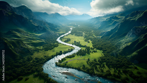 beautiful landscape of the river going through the mountains. generative AI