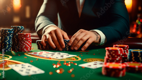 man playing poker. casino. poker player with chips and cards. generative AI