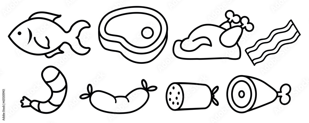 Meat types icons, sausage, steak, fish, shrimp, leg, chicken, turkey, bacon, sausage, food and meat icons