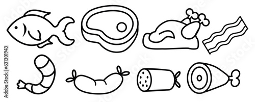 Meat types icons, sausage, steak, fish, shrimp, leg, chicken, turkey, bacon, sausage, food and meat icons
