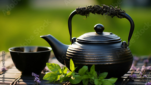 Black iron asian teapot with sprigs of mint for tea 