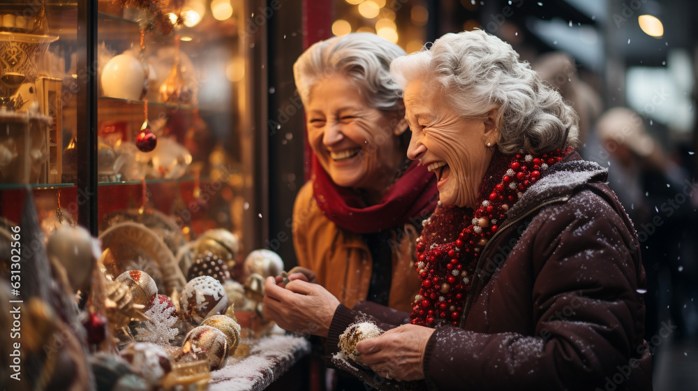 Laughing Senior Adult Women Enjoying the Christmas Holiday Shop in the Village During an Evening Stroll Together. Generative AI.