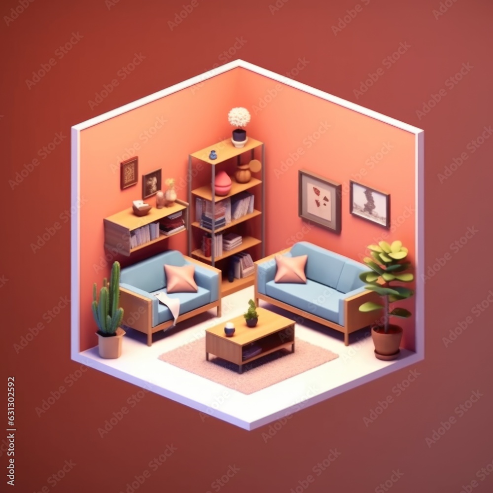 isometric low poly living room . Isometric living room interior 