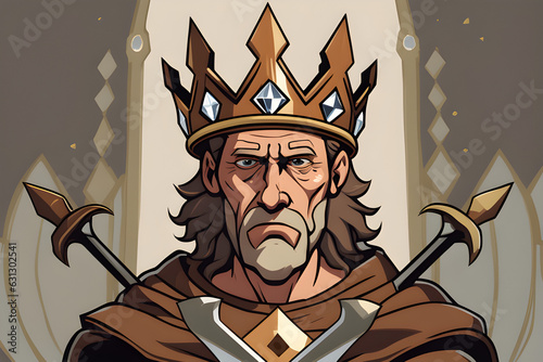 There is a face of a man in his 50s. On his head, he wears a large crown with a chestnut-like diamond in the center, holding a large sword in one hand and a shield in the other, staring terribly forwa photo