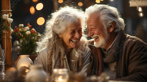 Happy Senior Adult Couple Enjoying The Holiday Decorated Christmas Shops in the Village One Evening. Generative AI.