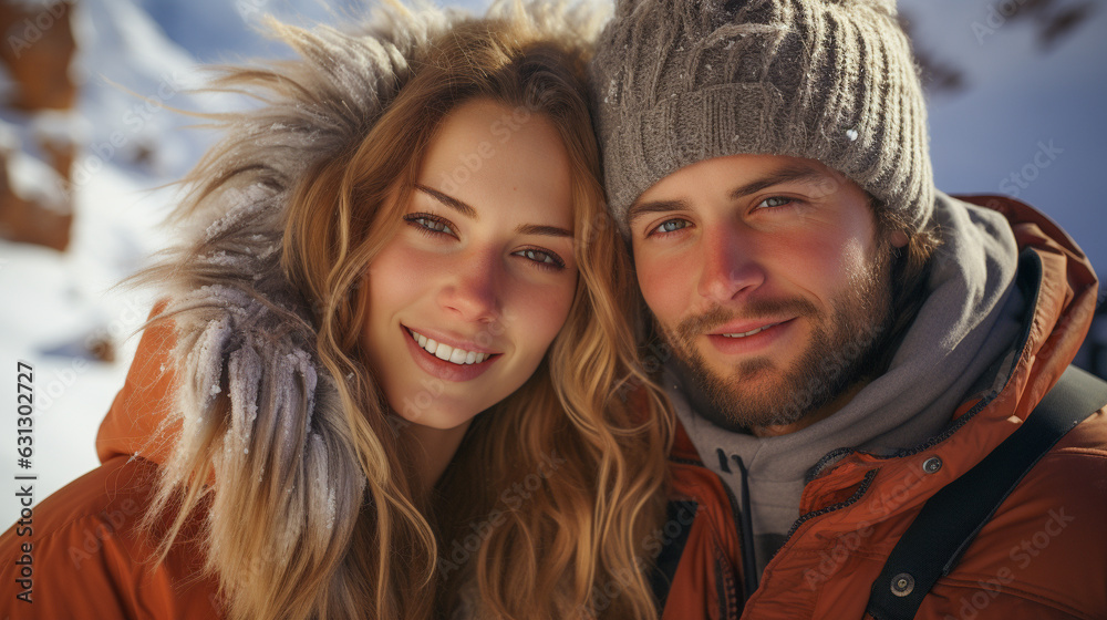 Fototapeta premium Young Happy Adult Couple Warmly Dressed Walking In The Snow on a Sunny Winter Day.