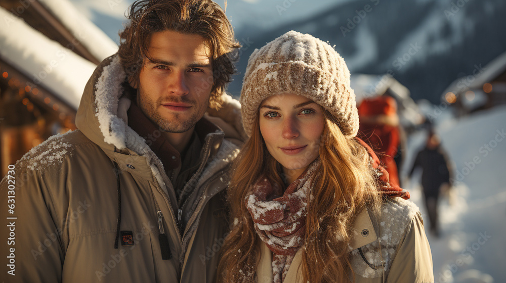 Young Happy Adult Couple Warmly Dressed Walking In The Snow on a Sunny Winter Day.
