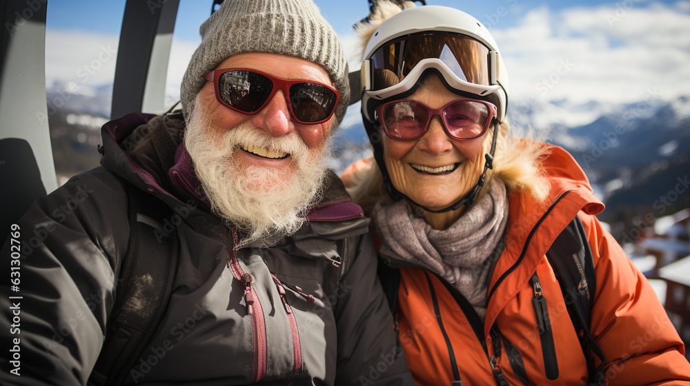 Happy Laughing Senior Couple Enjoying Their Ski Lift or Tram Ride on a Beautiful Winter Day. Generative AI. Happy Laughing Senior Couple Enjoying Their Ski Lift or Tram Ride on a Beautiful Winter Day. Generative AI.