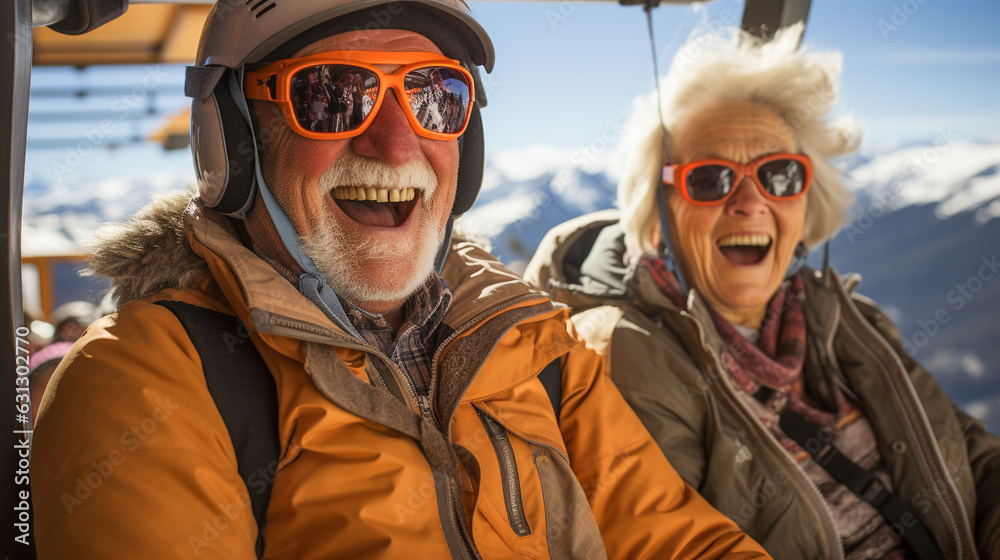 Happy Laughing Senior Couple Enjoying Their Ski Lift or Tram Ride on a Beautiful Winter Day. Generative AI.