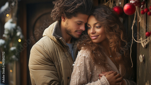 Young Romantic African American Couple Embracing Near a Christmas Holiday Decorated Cabin.