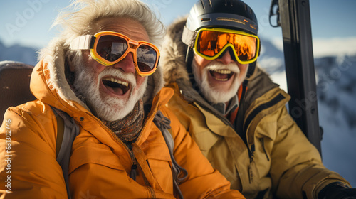 Happy Laughing Senior Couple Enjoying Their Ski Lift or Tram Ride on a Beautiful Winter Day. Generative AI.
