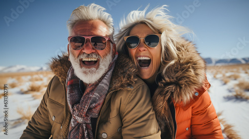 Affectionate Laughing Senior Couple Having Fun Together In The Snow. Generative AI.