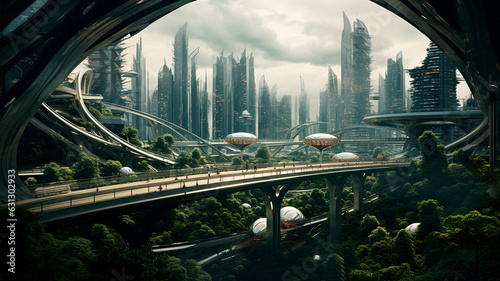Landscape of eco city on alien planet. Generative AI