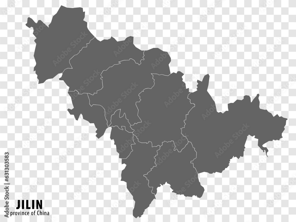 Blank map  Province Jilin of China. High quality map Jilin with municipalities on transparent background for your web site design, logo, app, UI. People's Republic of China.  EPS10.