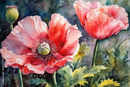 Watercolor painting of two red poppies