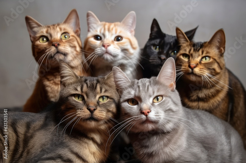 Group portrait of several friendly cats