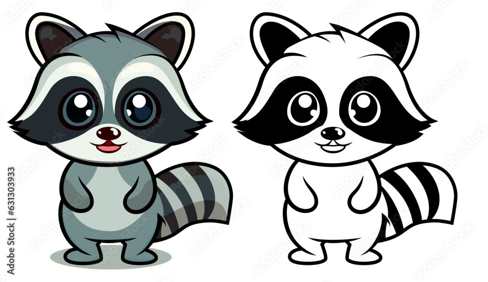 cute racoon vector illustration baby racoon mascot character colored and black and white vector image