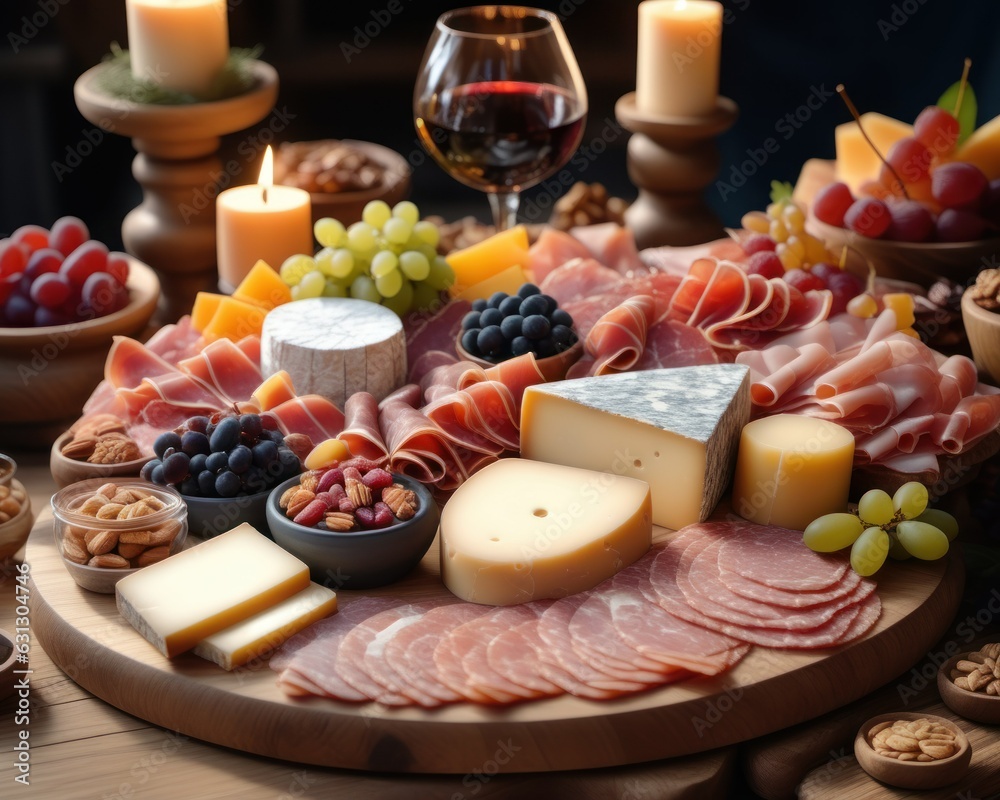 An enticing close-up of a beautifully composed charcuterie board, complete with an array of premium cheeses, cured meats, and fresh fruits. Set against a rustic wooden table in an ambient, candlelits