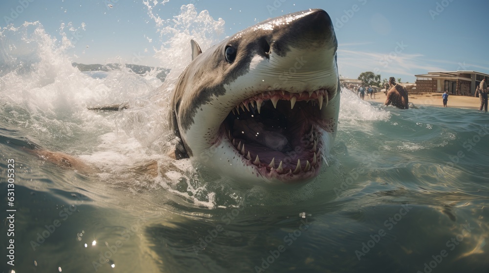 Fototapeta premium The white shark swims in the ocean in search of food. Danger bite from predator in sea and ocean, dangerous toothy fish
