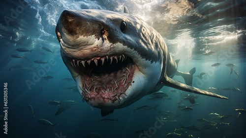 The white shark swims in the ocean in search of food. Danger bite from predator in sea and ocean, dangerous toothy fish. generative ai © Marynkka_muis