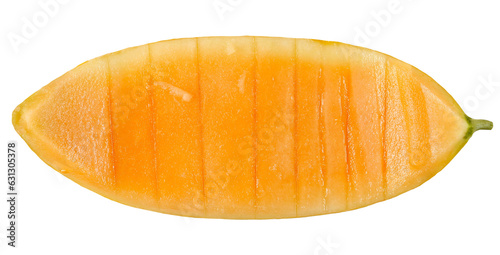 Peel cantaloupe, muskmelon, honeydew slices, pieces isolated on white, clipping path, top view 