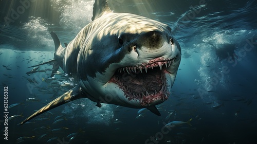  The white shark swims in the ocean in search of food. Danger bite from predator in sea and ocean, dangerous toothy fish. generative ai © Marynkka_muis