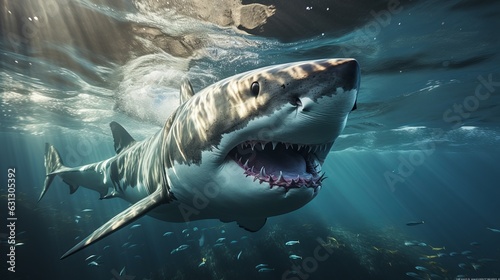  The white shark swims in the ocean in search of food. Danger bite from predator in sea and ocean, dangerous toothy fish. generative ai