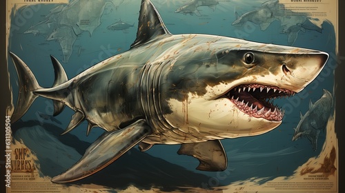  The white shark swims in the ocean in search of food. Danger bite from predator in sea and ocean  dangerous toothy fish. generative ai