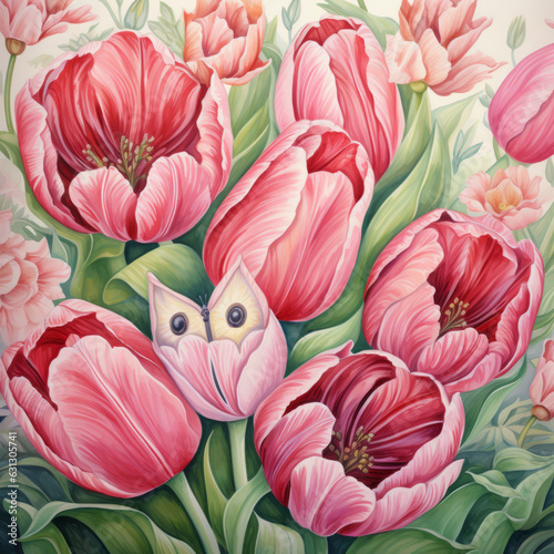 Elegant tulips bloom against a floral background, capturing nature's grace.