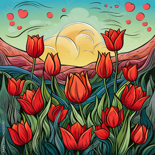 Elegant tulips bloom against a floral background  capturing nature s grace.