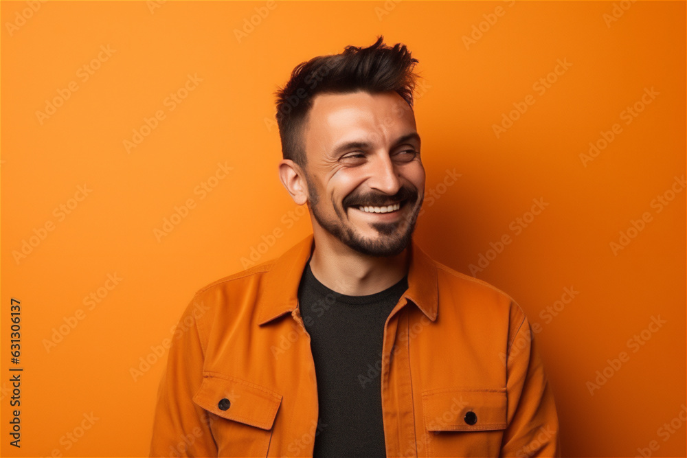 Fototapeta premium Caucasian young adult man smiling on a orange background