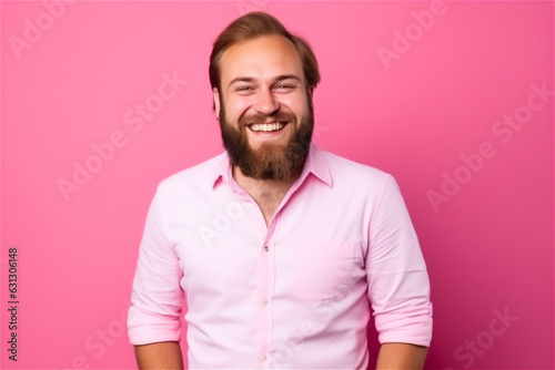 Caucasian young adult man smiling on a pink background